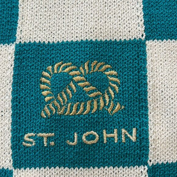 Vintage St John Gold Embroidered Nautical Knit Sweater Check Board Green L USA - Picture 13 of 13